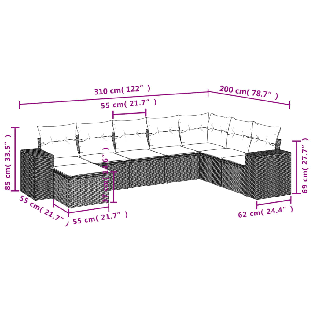 Gartensofas Set 8 Stücke und schwarze synthetische Rattankissen