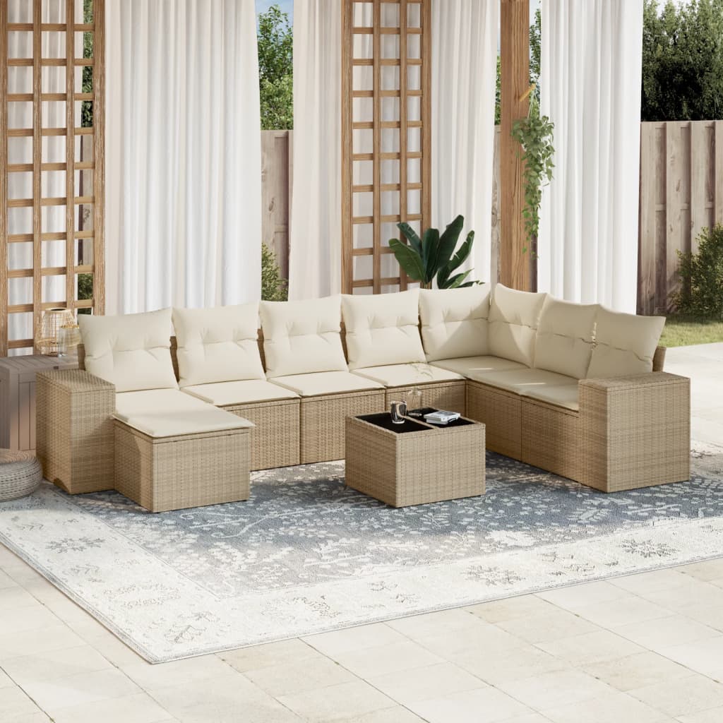 Vetonek Set de sofás de jardín 9 pzas con cojines ratán sintético beige