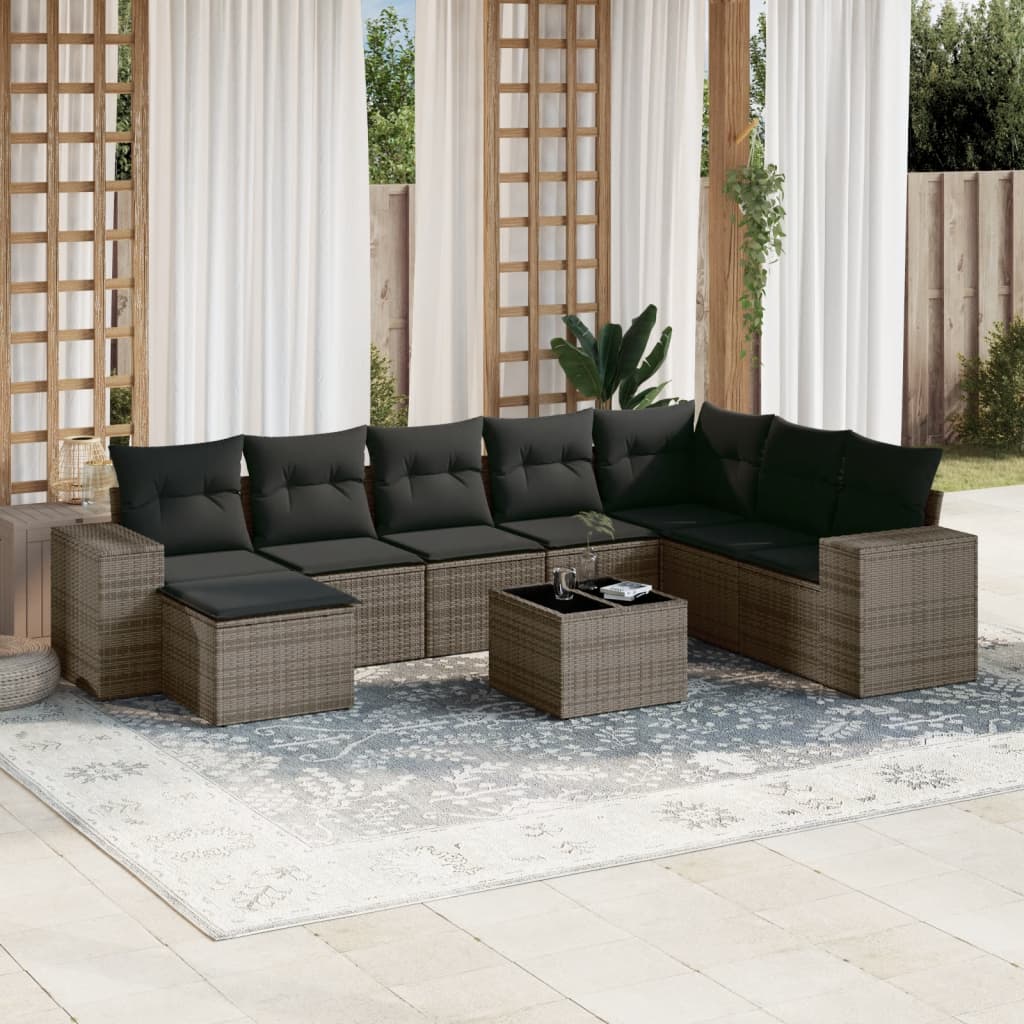 Vetonek Set de muebles de jardín 9 pzas y cojines ratán sintético gris