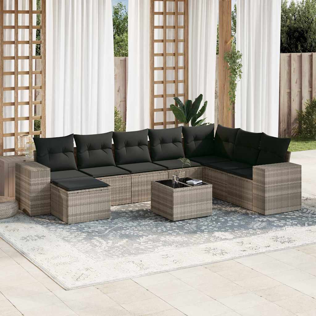 Vetonek Set muebles jardín 9 pzas y cojines ratán sintético gris claro