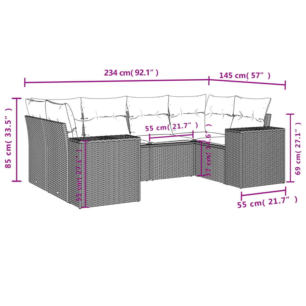 Set de sofás de jardín 6 piezas y cojines ratán sintético negro