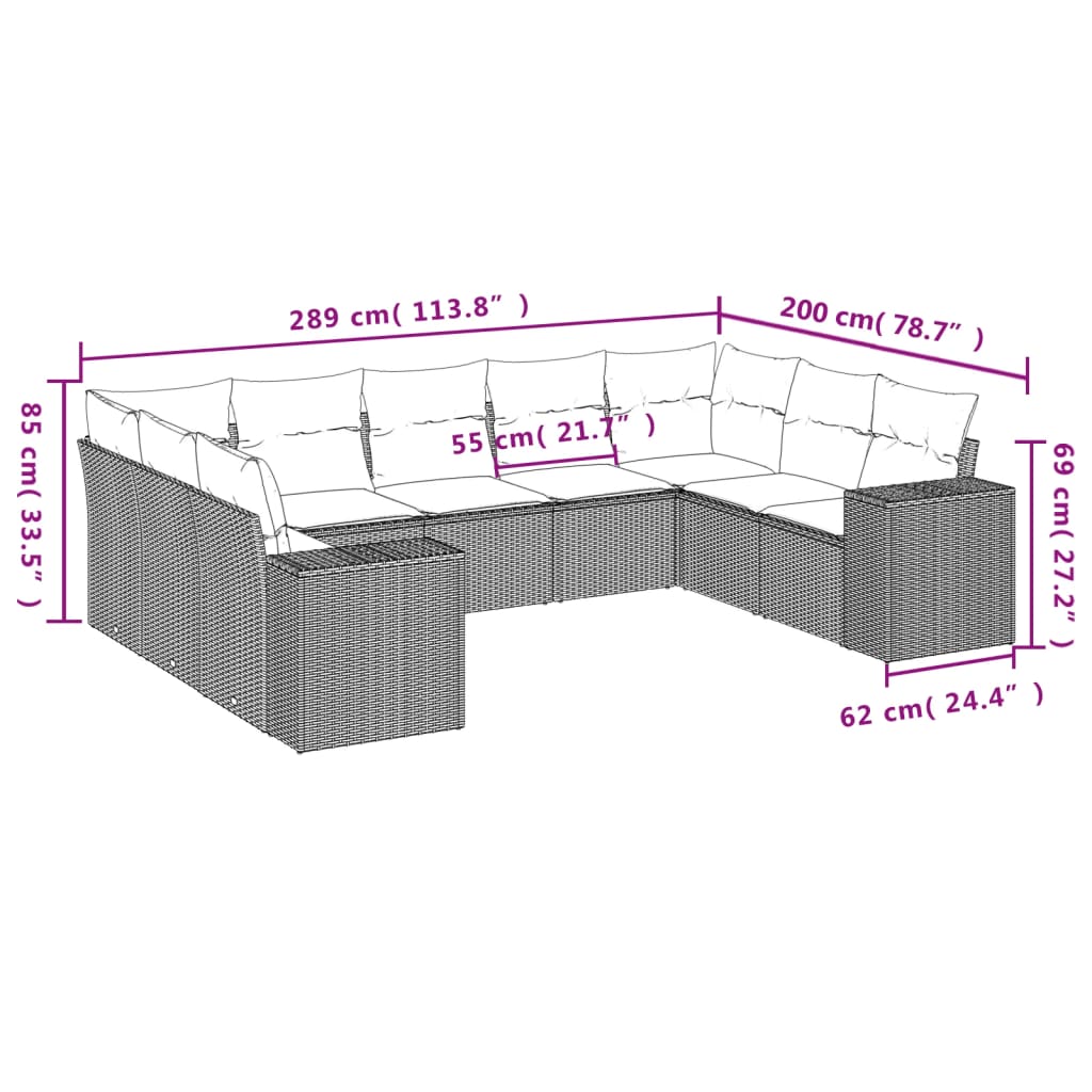 Set muebles jardín 9 pzas y cojines ratán sintético gris claro - Vetonek