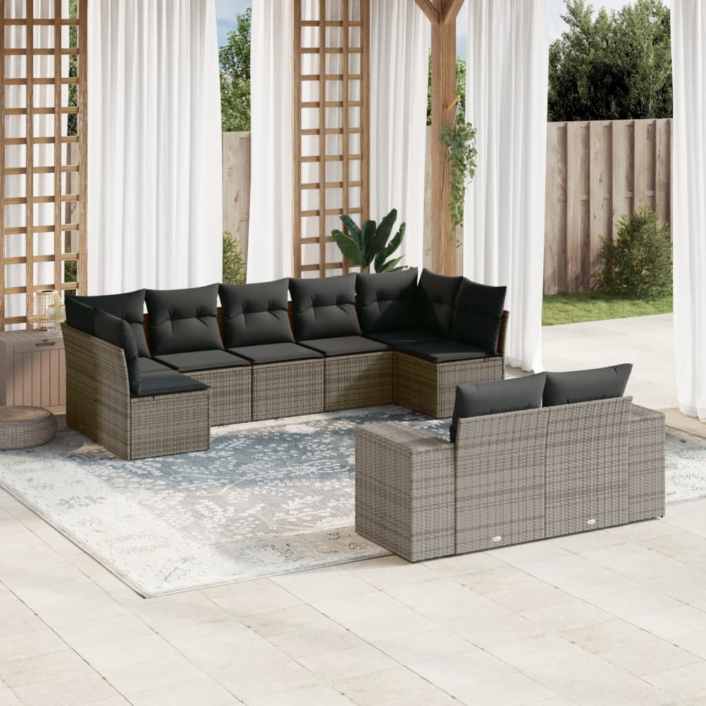 Vetonek Set de muebles de jardín 9 pzas y cojines ratán sintético gris