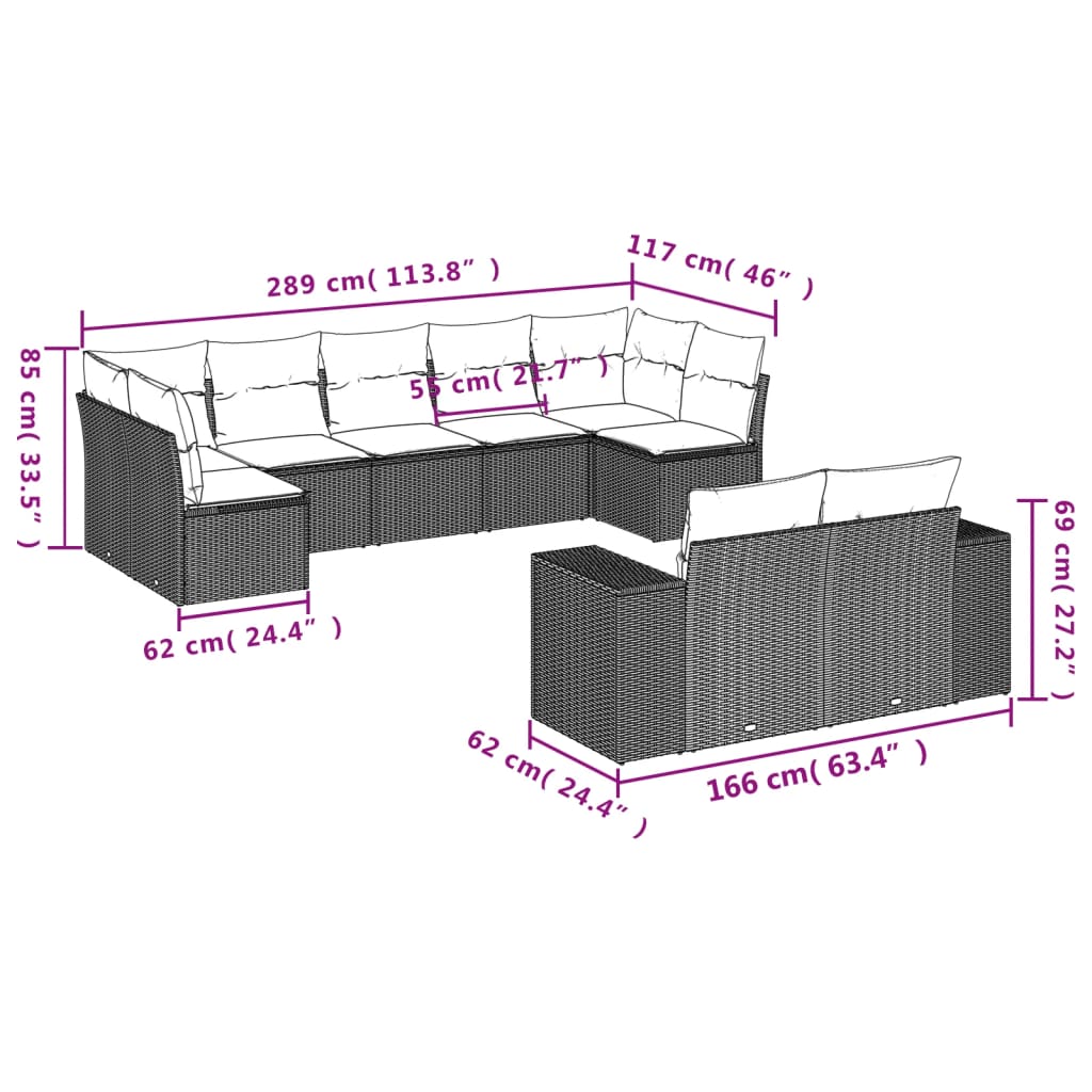 Set mobili da giardino 9 pezzi e cuscini rack grigio sintetico