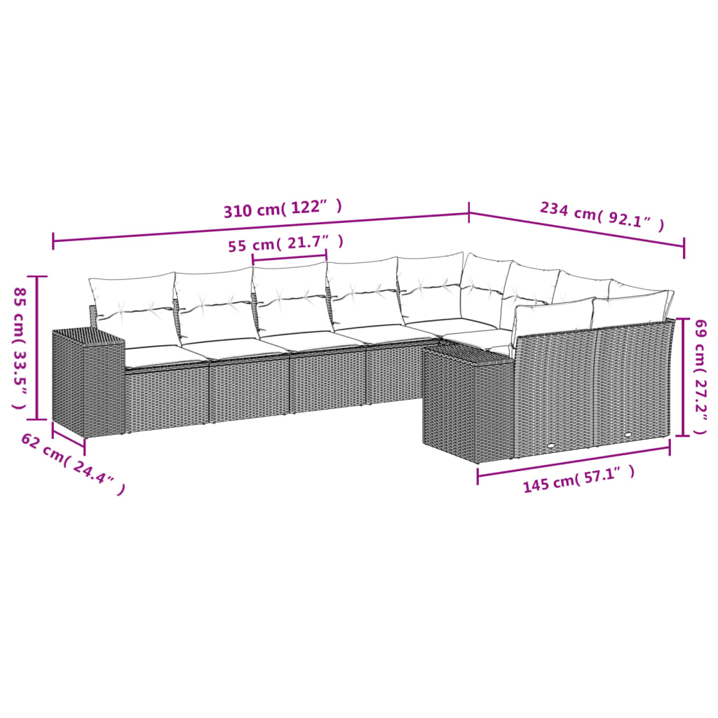 Garden Sofas Set 9 Pcs with Beige synthetic cushions