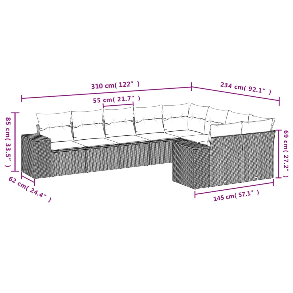 Set muebles jardín 9 pzas y cojines ratán sintético gris claro - Vetonek