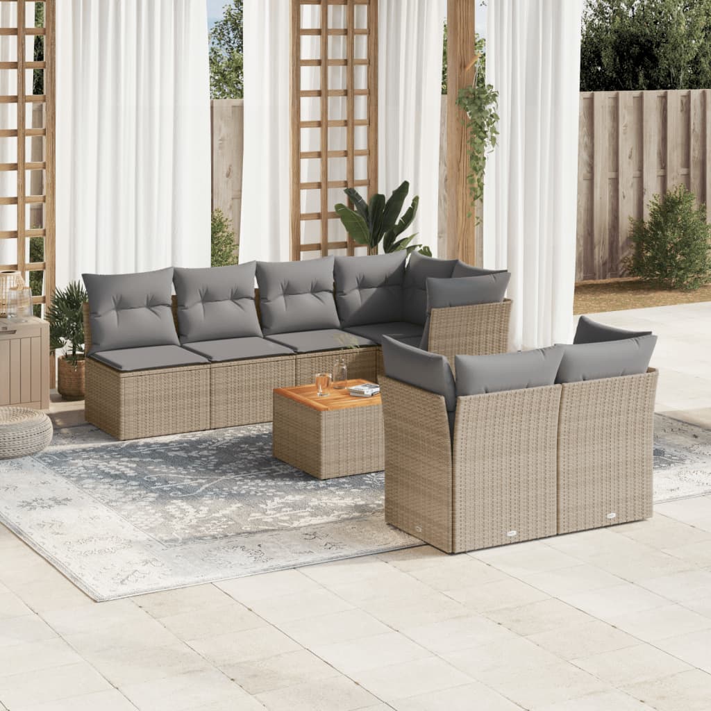 Vetonek Set de sofás de jardín y cojines 8 pzas ratán PE beige mezcla