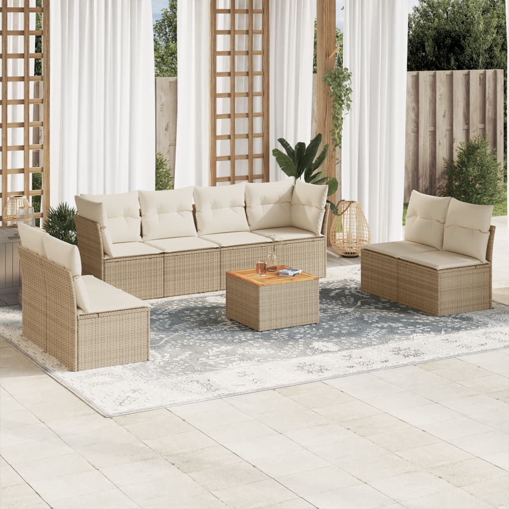 Vetonek Set de sofás de jardín 9 pzas con cojines ratán sintético beige