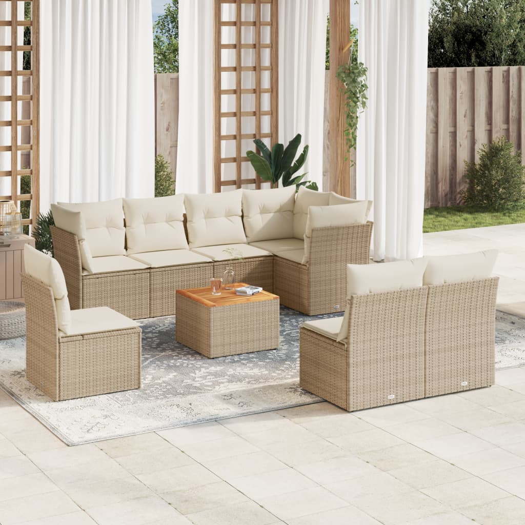 Vetonek Set de sofás de jardín 9 pzas con cojines ratán sintético beige