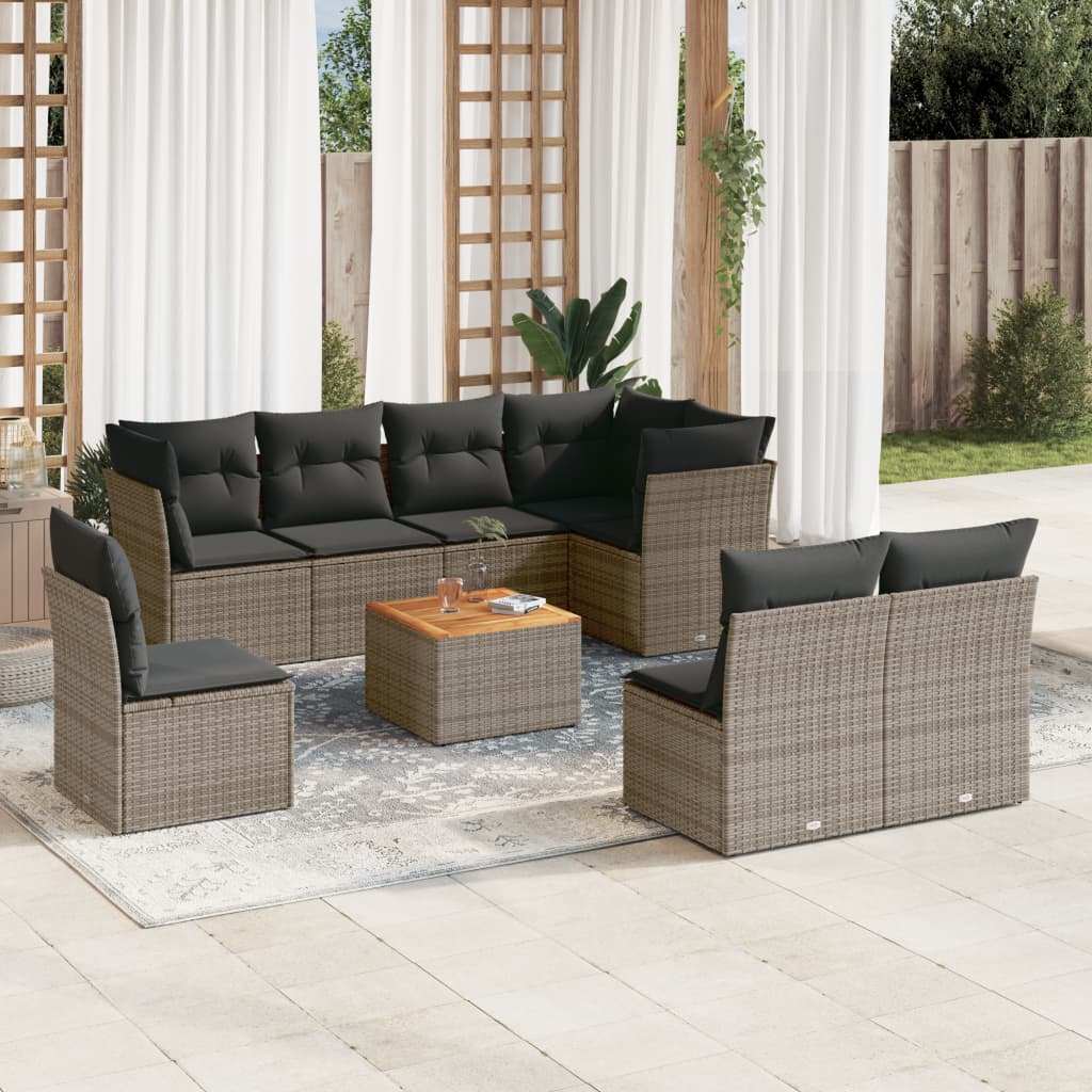 Vetonek Set de muebles de jardín 9 pzas y cojines ratán sintético gris