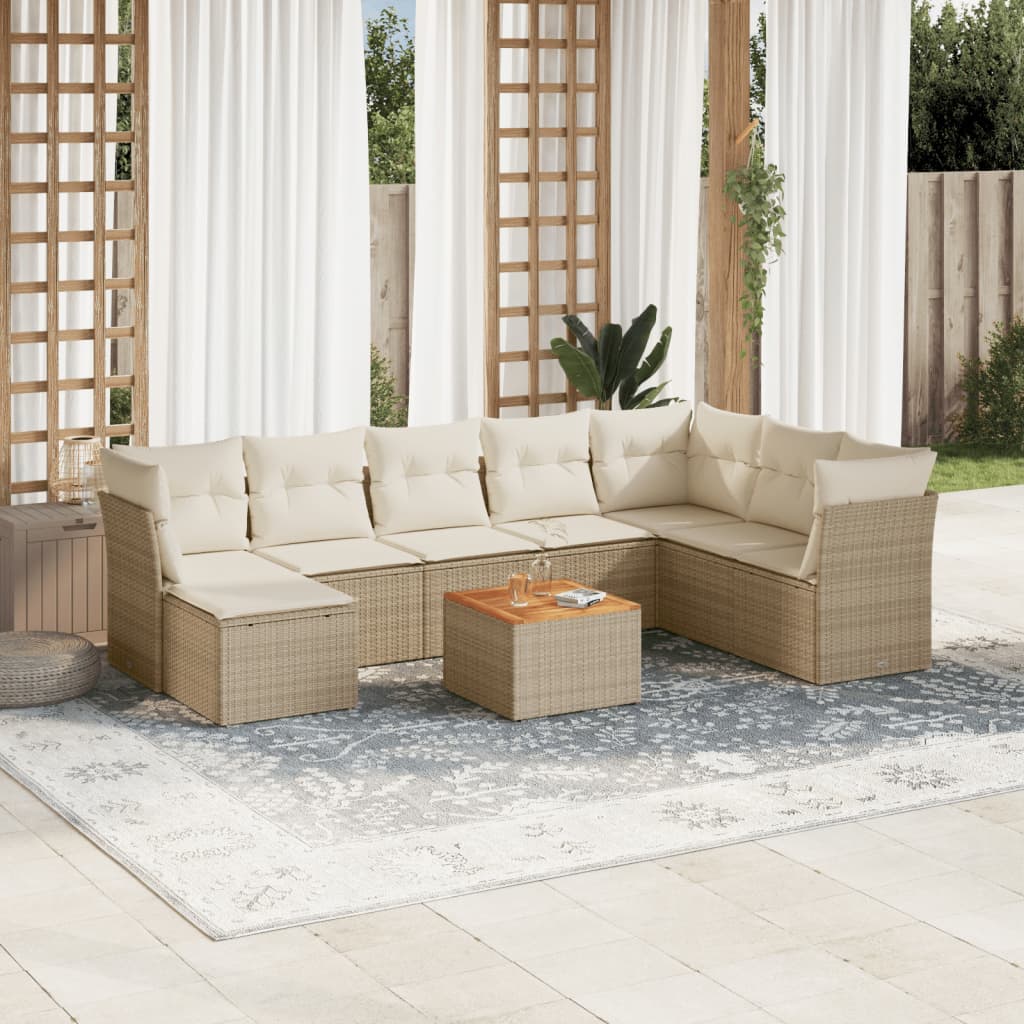 Vetonek Set de sofás de jardín 9 pzas con cojines ratán sintético beige