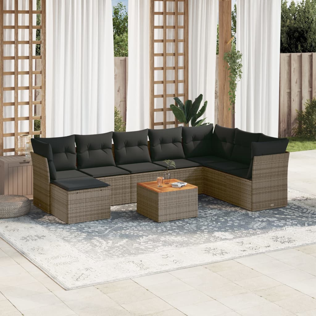 Vetonek Set de muebles de jardín 9 pzas y cojines ratán sintético gris