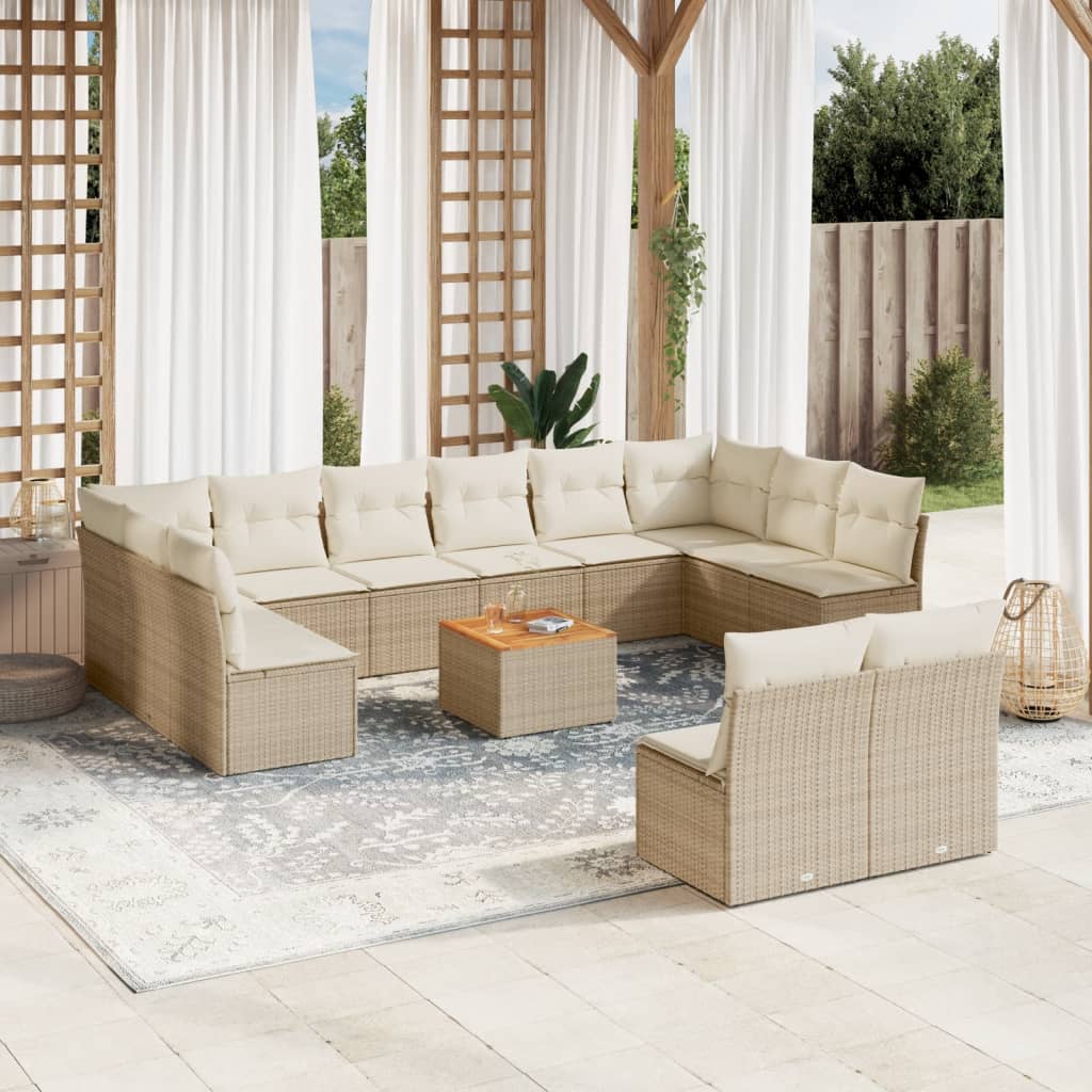 Set sofás de jardín con cojines 13 pzas ratán sintético beige