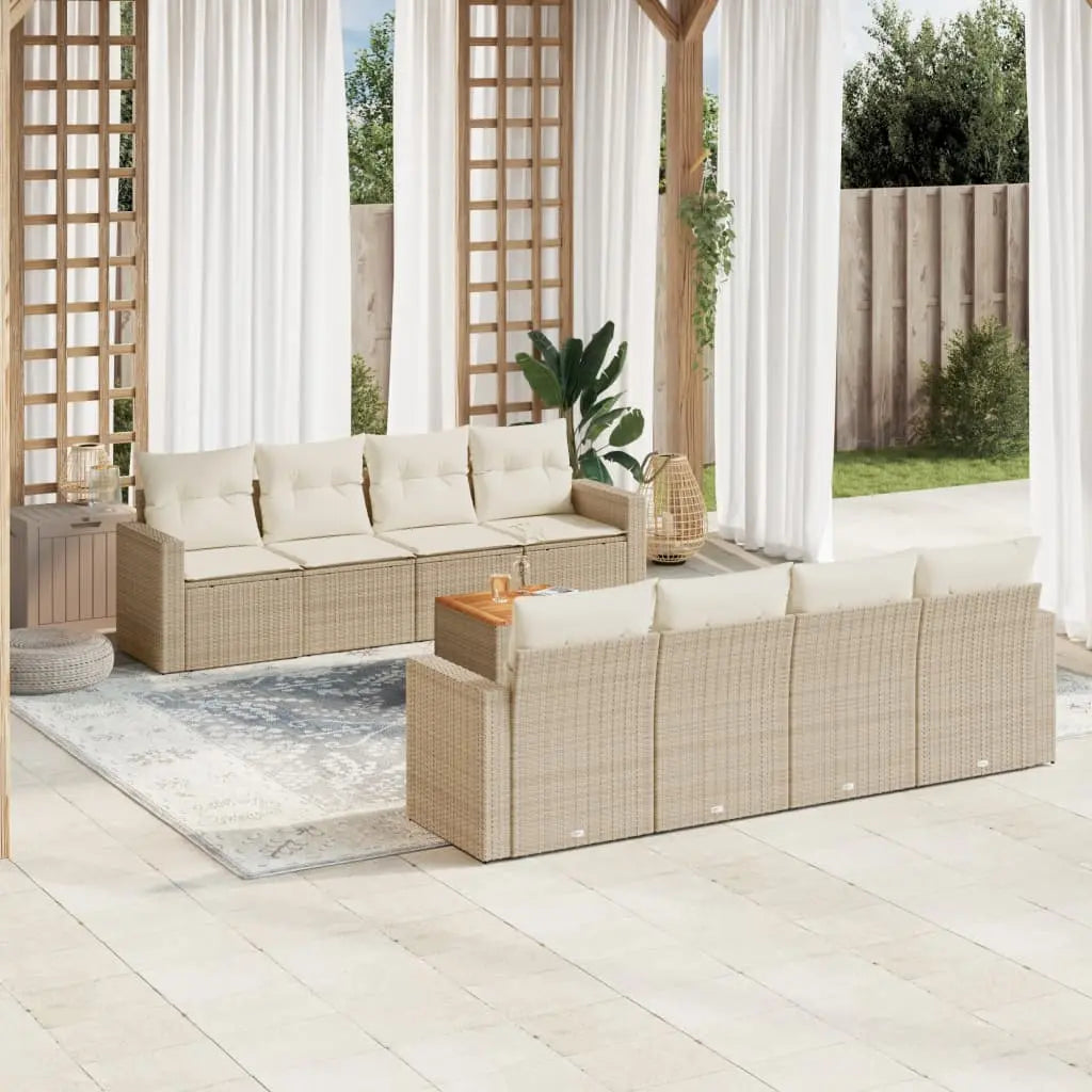 Vetonek Set de sofás de jardín 9 pzas con cojines ratán sintético beige