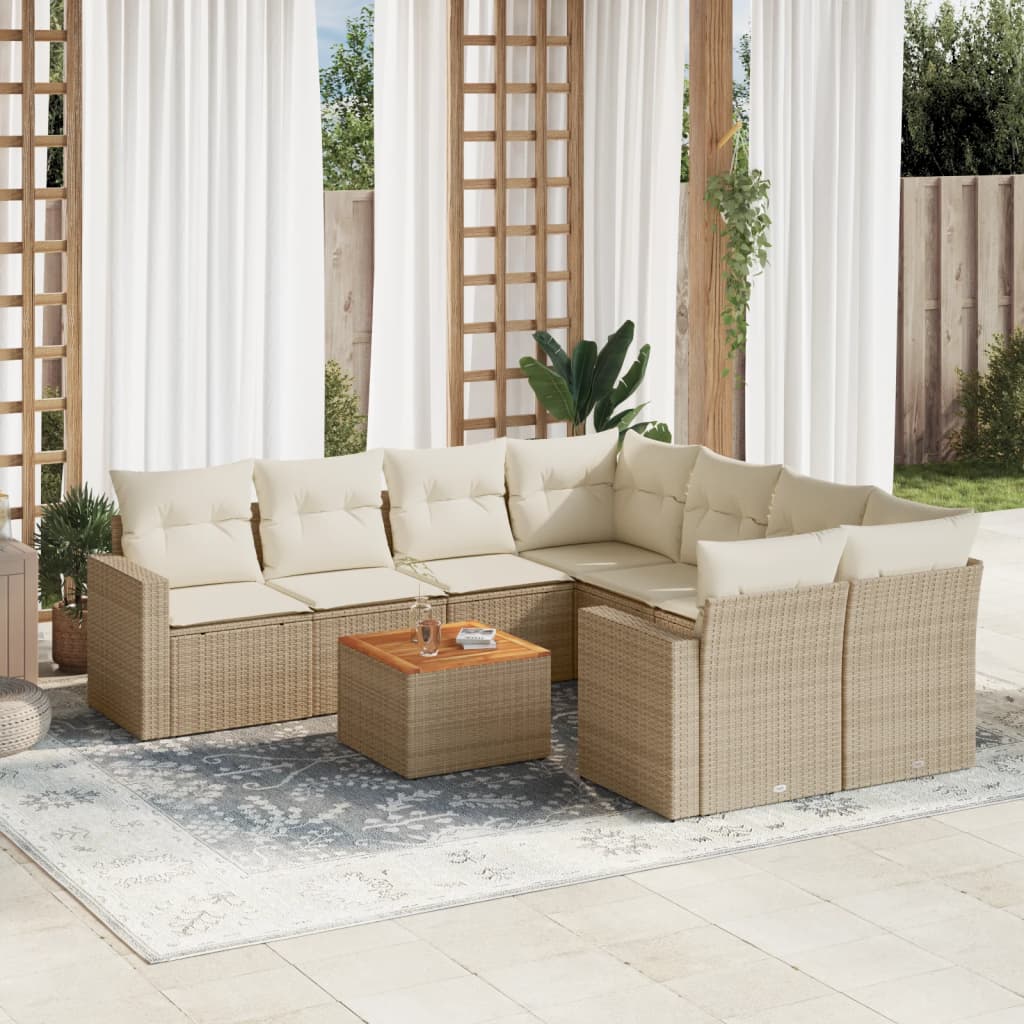 Vetonek Set de sofás de jardín 9 pzas con cojines ratán sintético beige