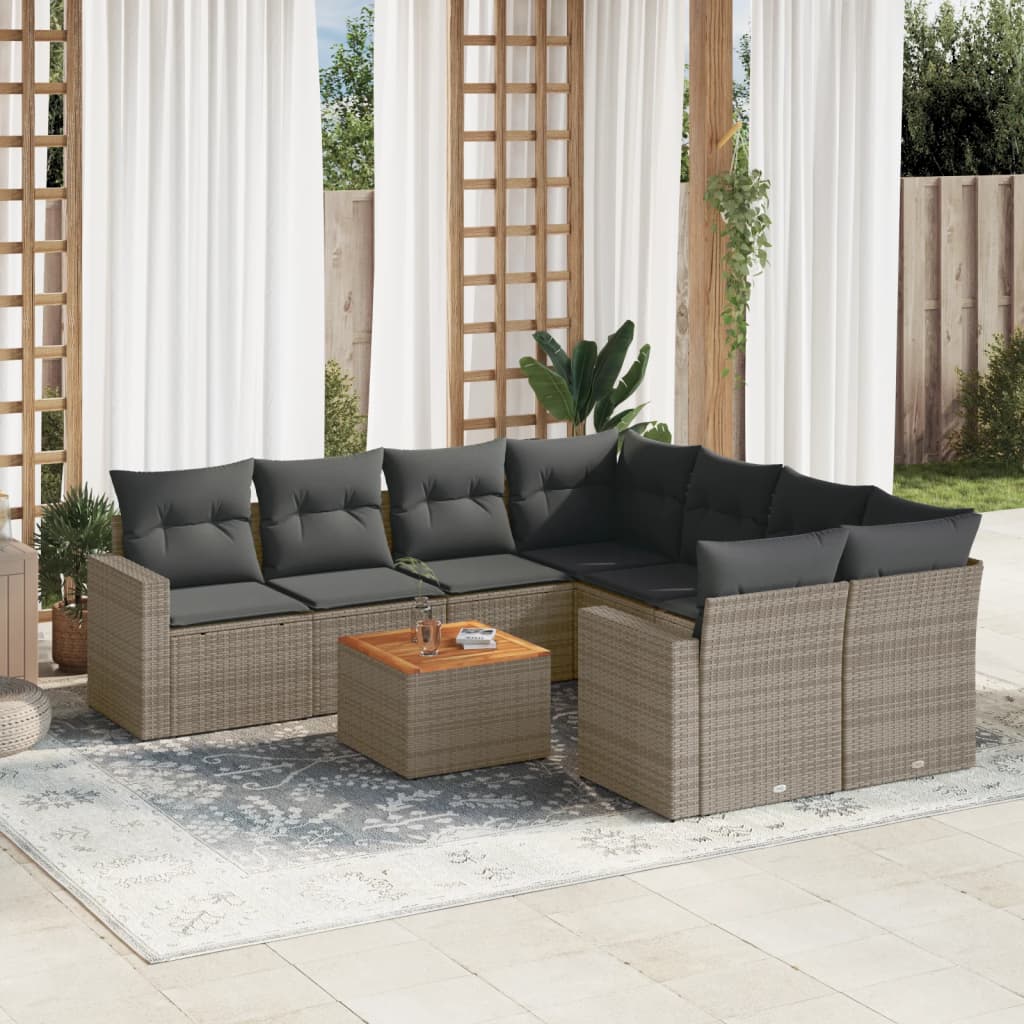 Vetonek Set de muebles de jardín 9 pzas y cojines ratán sintético gris