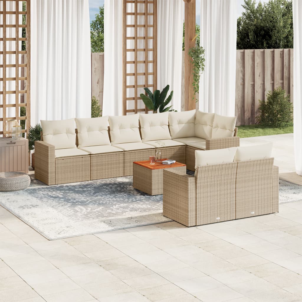 Vetonek Set de sofás de jardín 9 pzas con cojines ratán sintético beige