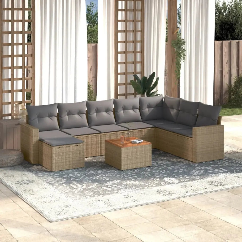 Vetonek Set de sofás de jardín con cojines 9 pzas ratán PE beige mezcla