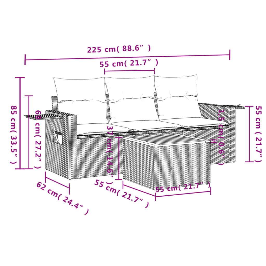 4 PCS Sofas de jardin Ensemble et coussins de rotin synthétique gris