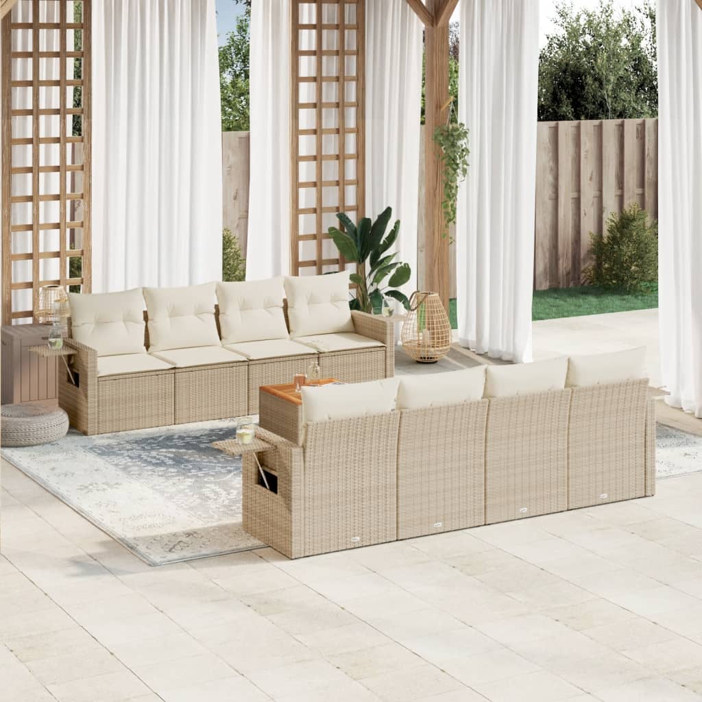 Vetonek Set de sofás de jardín 9 pzas con cojines ratán sintético beige