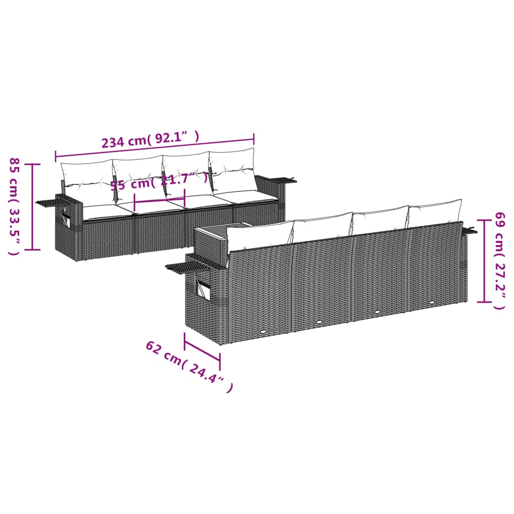 Set de muebles de jardín 9 pzas y cojines ratán sintético gris - Vetonek