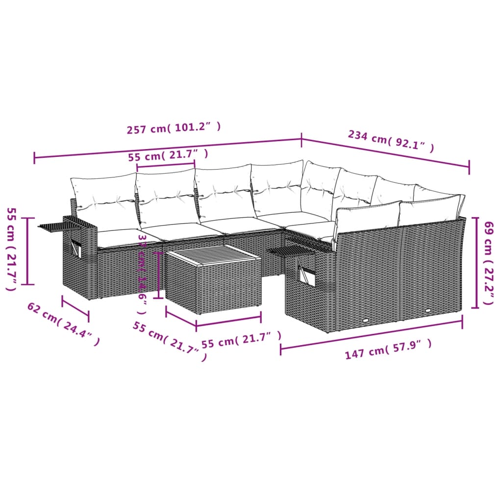 Gartensofas Set 8 Stücke und schwarze synthetische Rattankissen