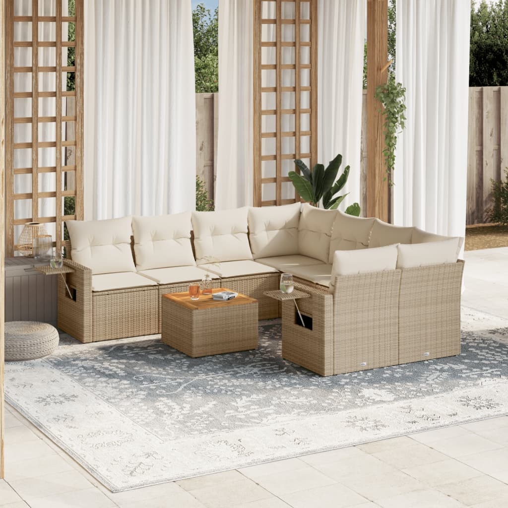 Vetonek Set de sofás de jardín 9 pzas con cojines ratán sintético beige