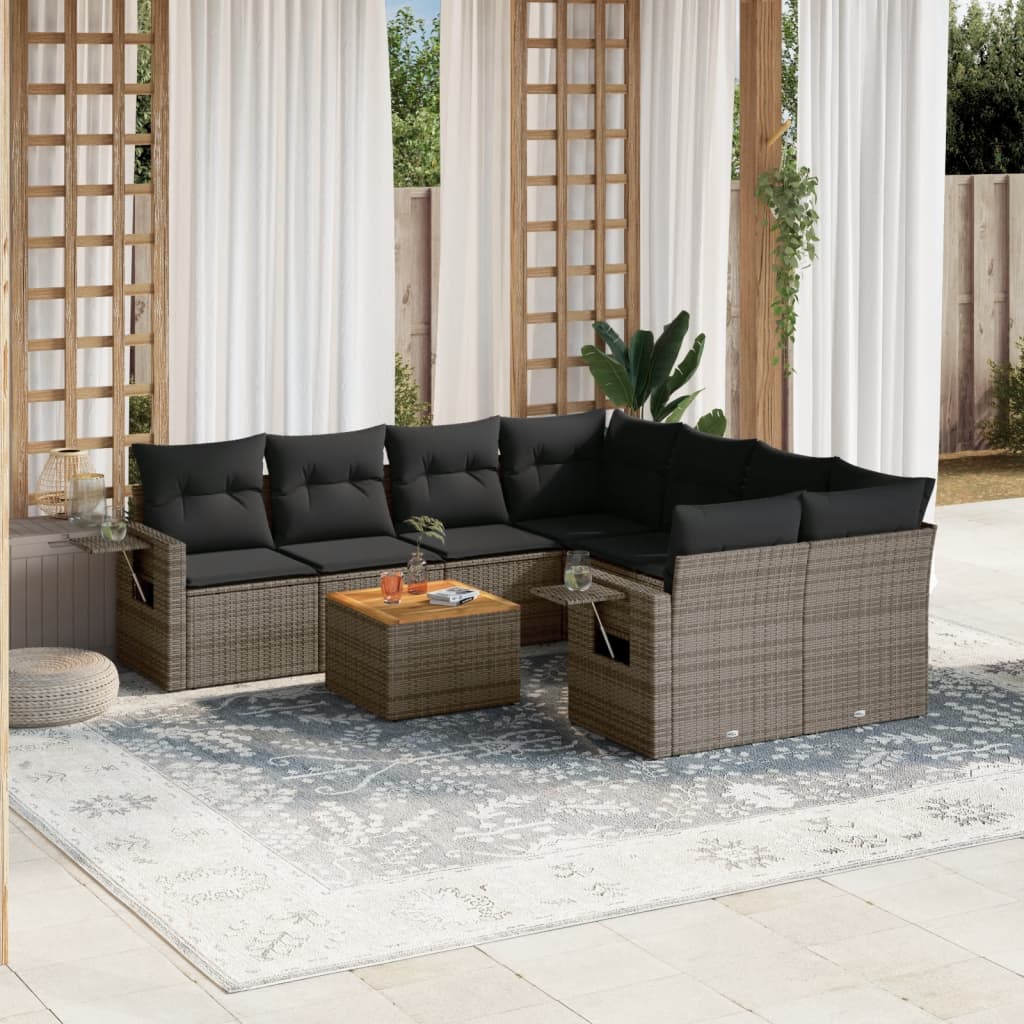 Vetonek Set de muebles de jardín 9 pzas y cojines ratán sintético gris