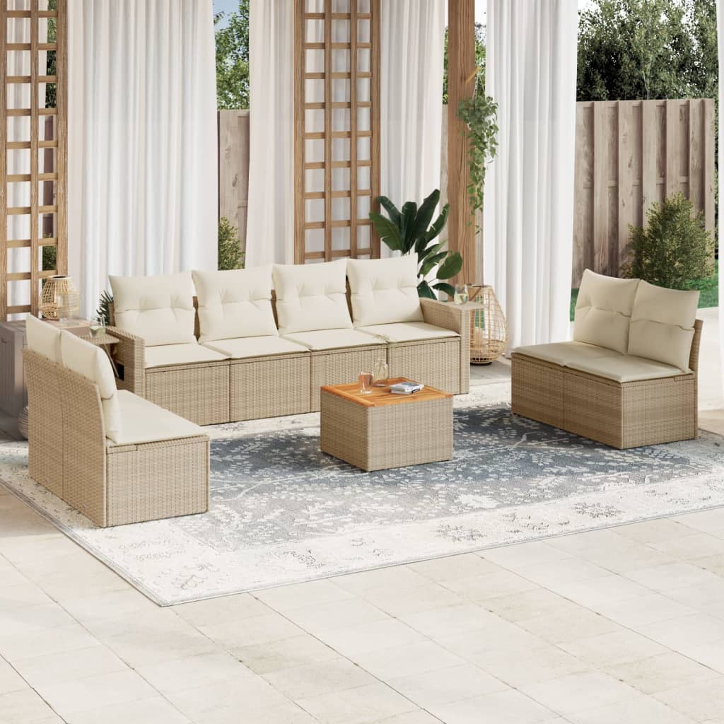 Vetonek Set de sofás de jardín 9 pzas con cojines ratán sintético beige