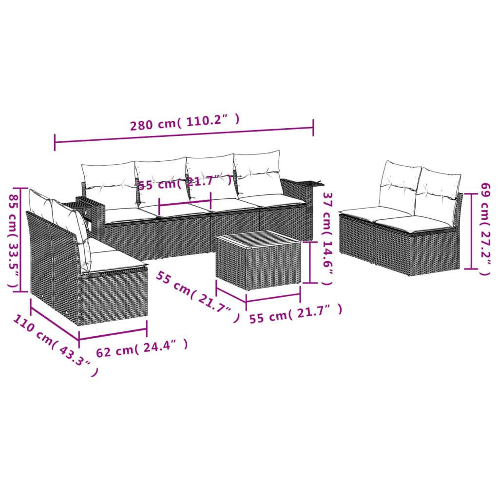 Garden Sofas Set 9 Pcs with Beige synthetic cushions