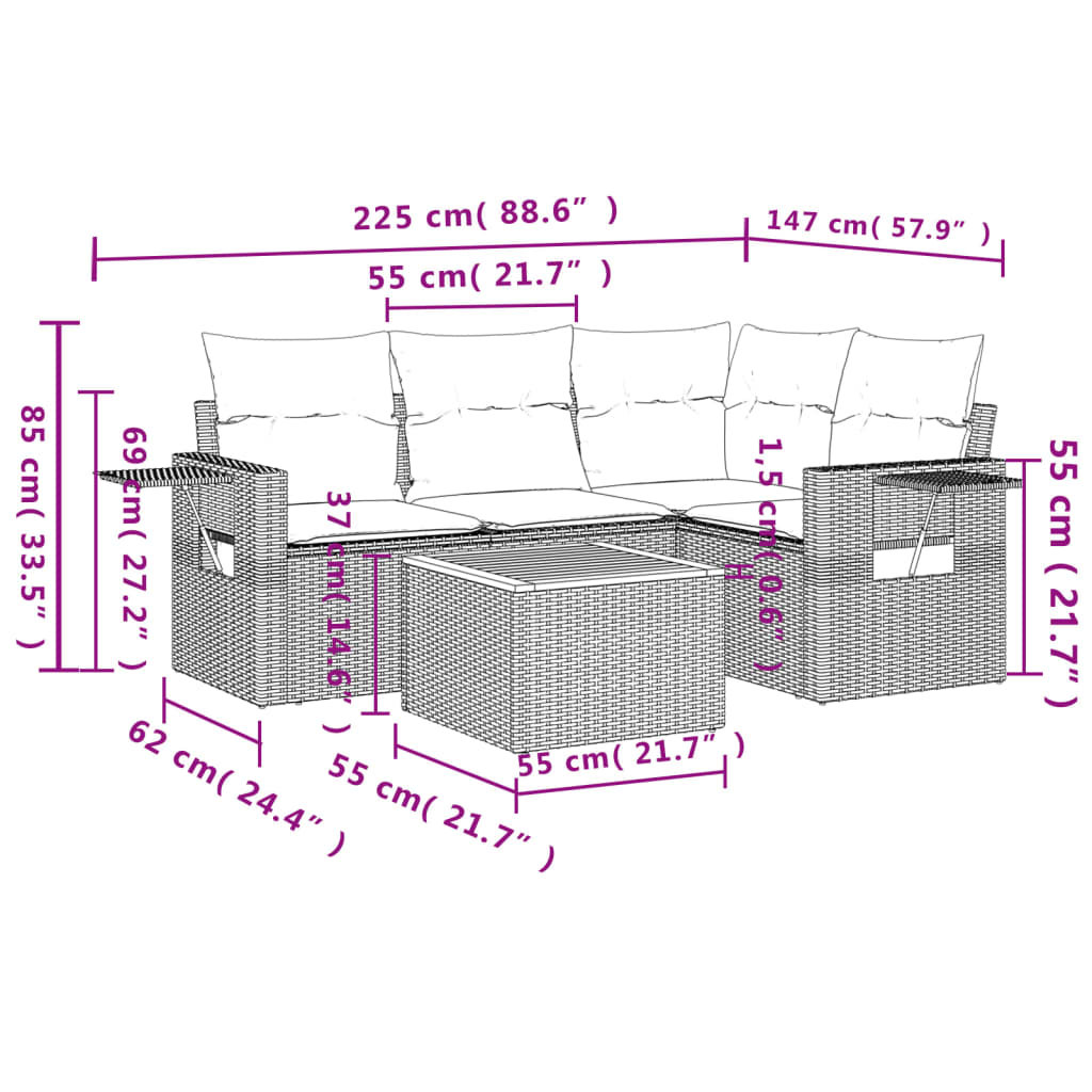 Conjunto de móveis de jardim 5 PCs e almofadas sintéticas pretas