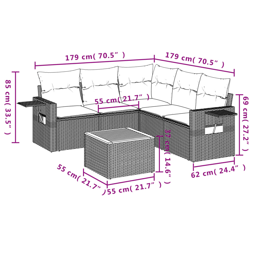 Garden Sofas Set 6 pieces and black synthetic rattan cushions