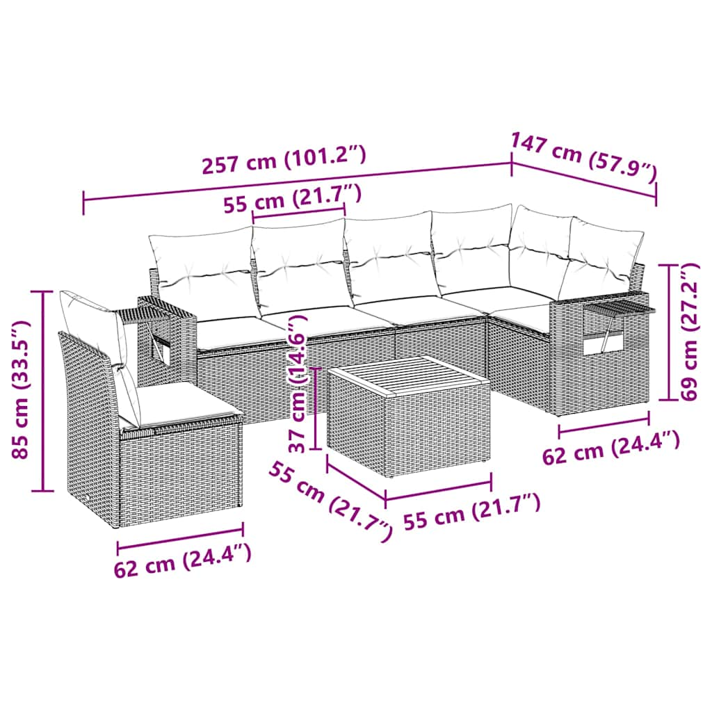 Garten -Ess -Set 7 PCs und schwarze synthetische Rattan -Kissen