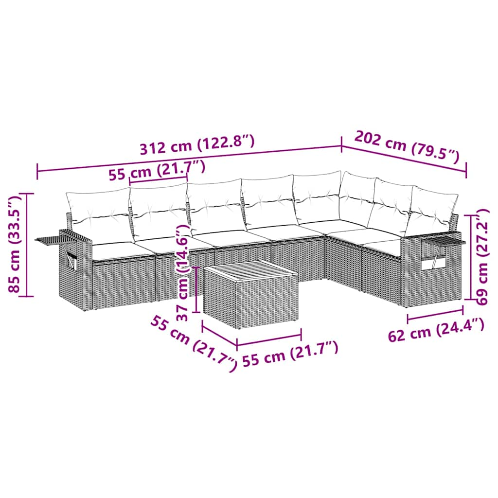 Sofás de jardim Conjunto de 8 peças e almofadas de vime sintético preto