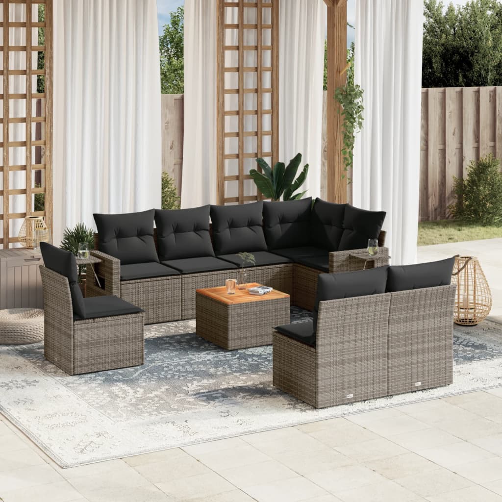 Vetonek Set de muebles de jardín 9 pzas y cojines ratán sintético gris