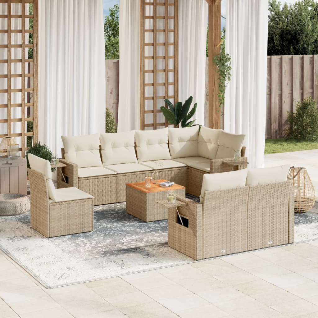 Vetonek Set de sofás de jardín 9 pzas con cojines ratán sintético beige