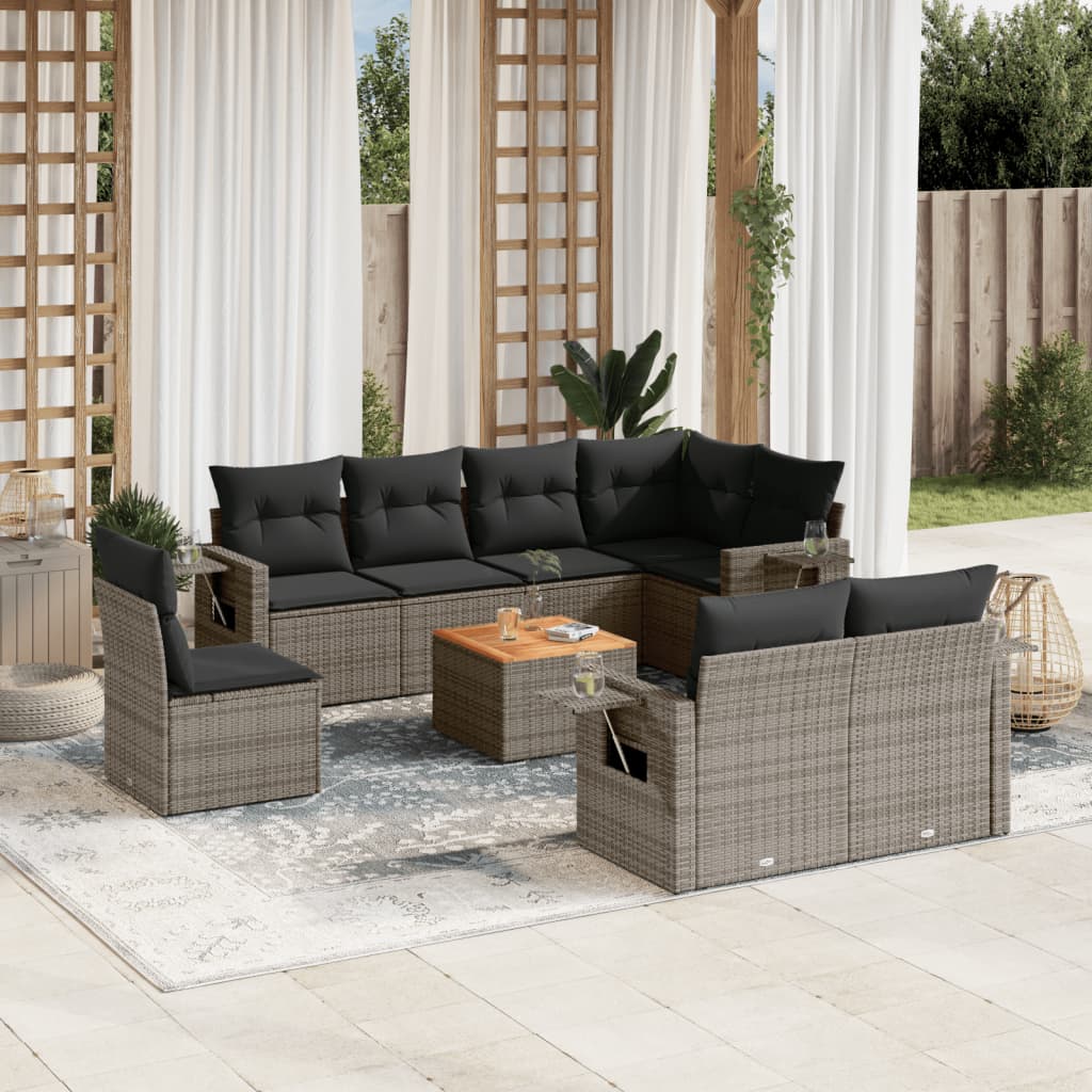 Vetonek Set de muebles de jardín 9 pzas y cojines ratán sintético gris