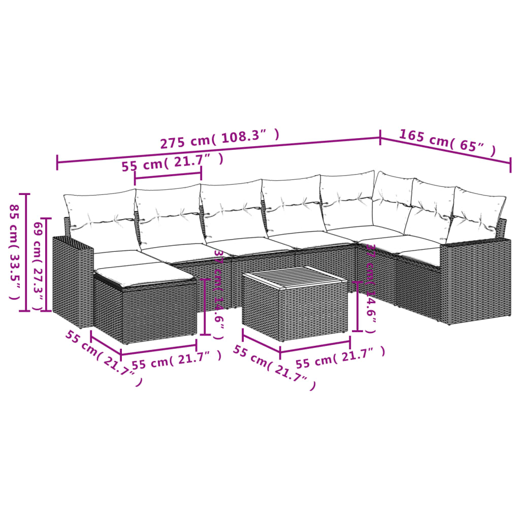 Garden Sofas Set 9 Pcs with Beige synthetic cushions