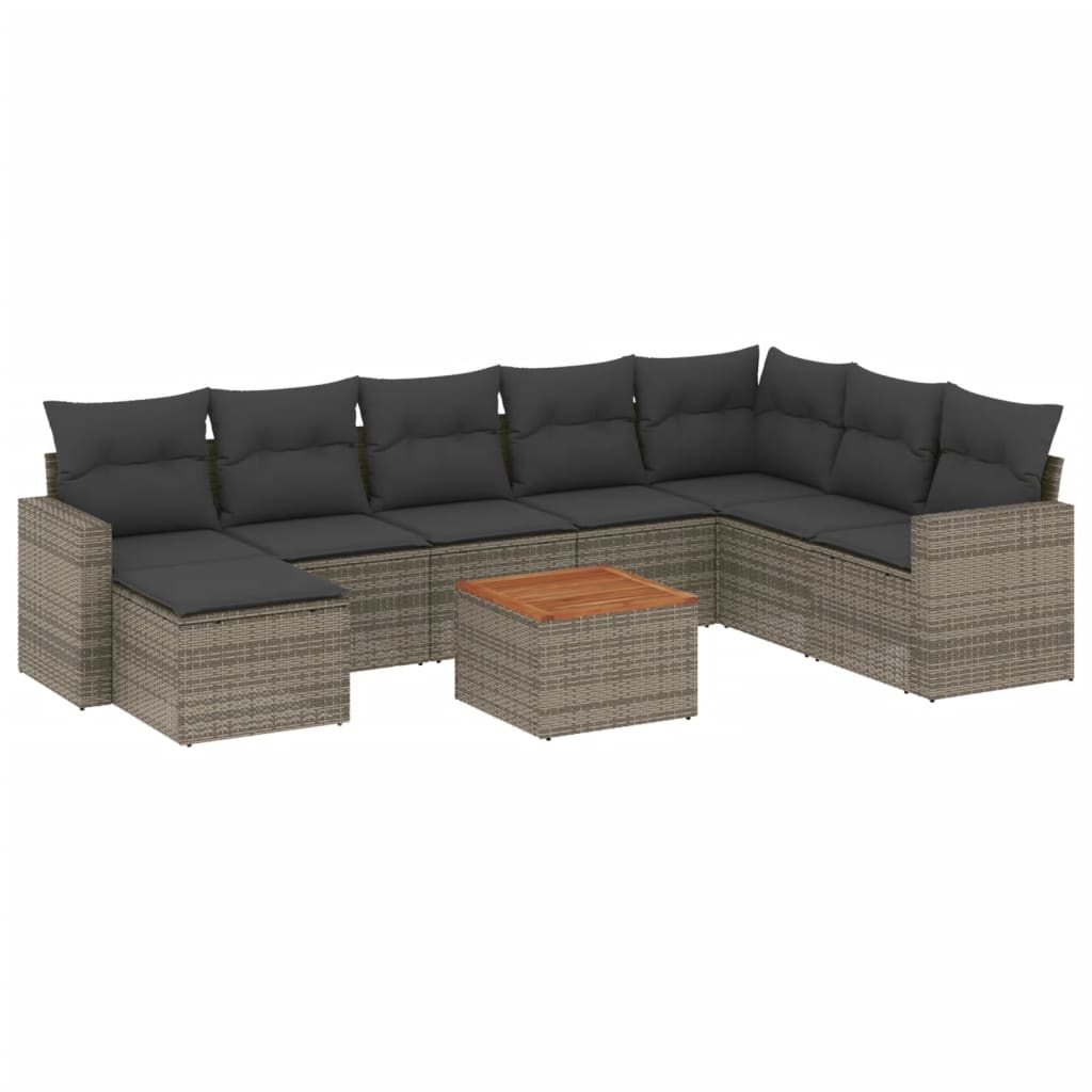 Set de muebles de jardín 9 pzas y cojines ratán sintético gris - Vetonek