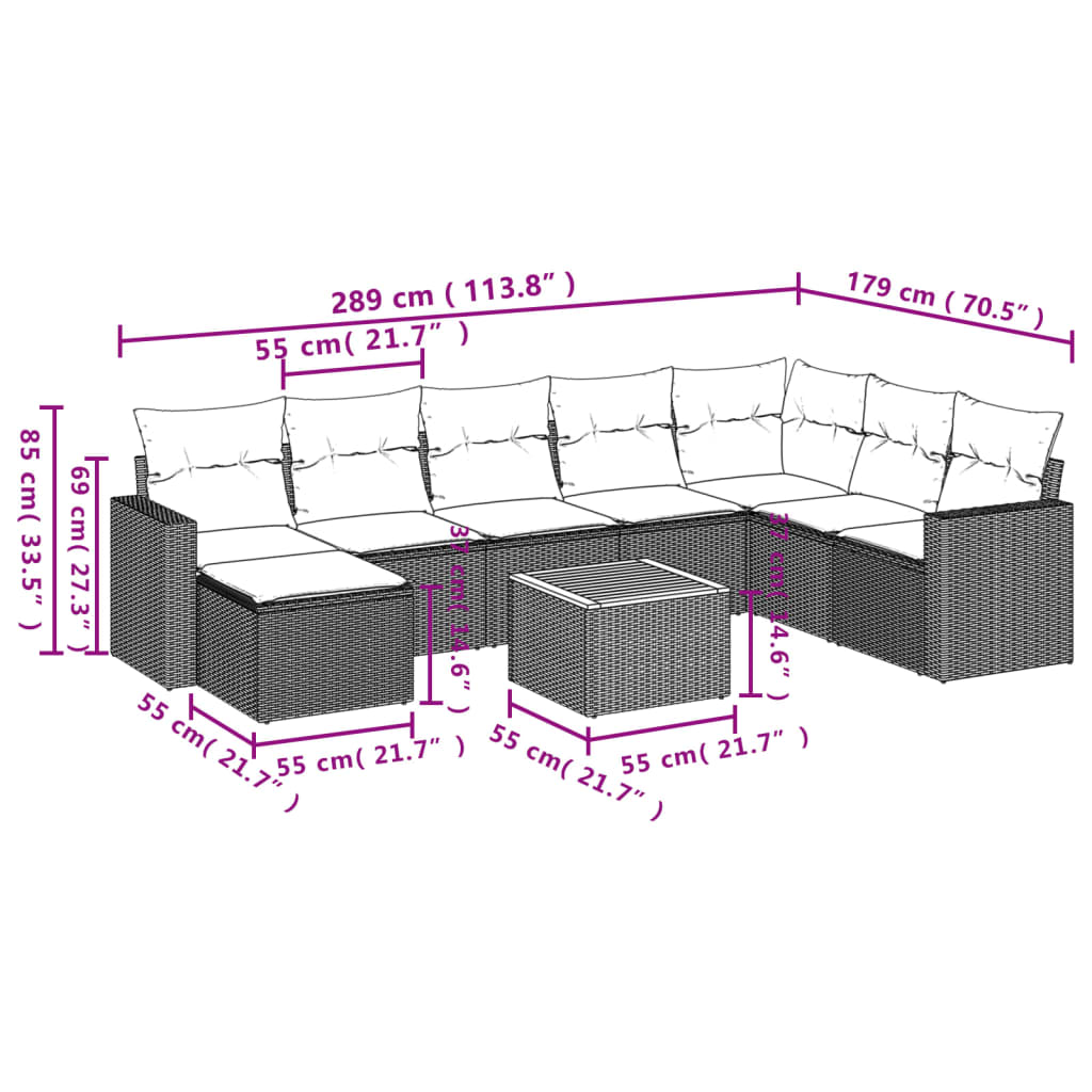 Set de muebles de jardín 9 pzas y cojines ratán sintético gris - Vetonek