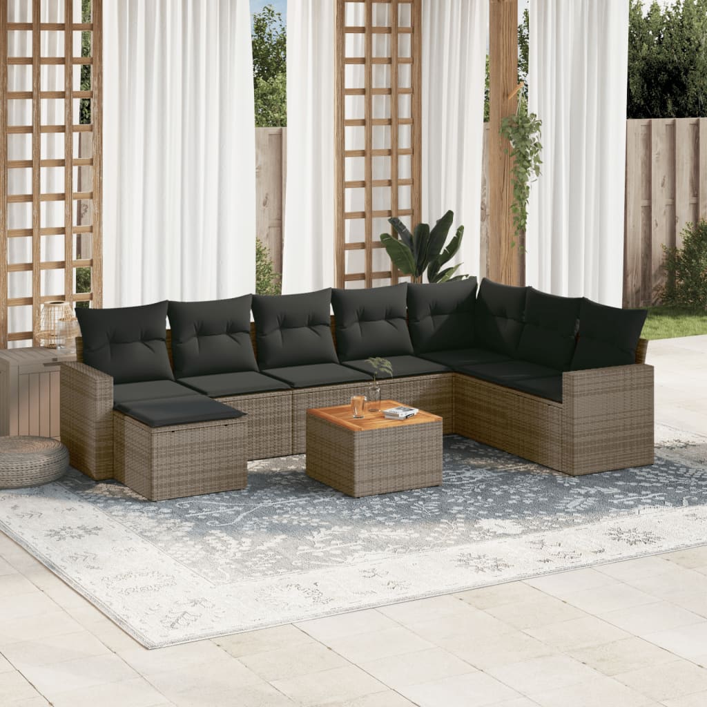 Vetonek Set de muebles de jardín 9 pzas y cojines ratán sintético gris