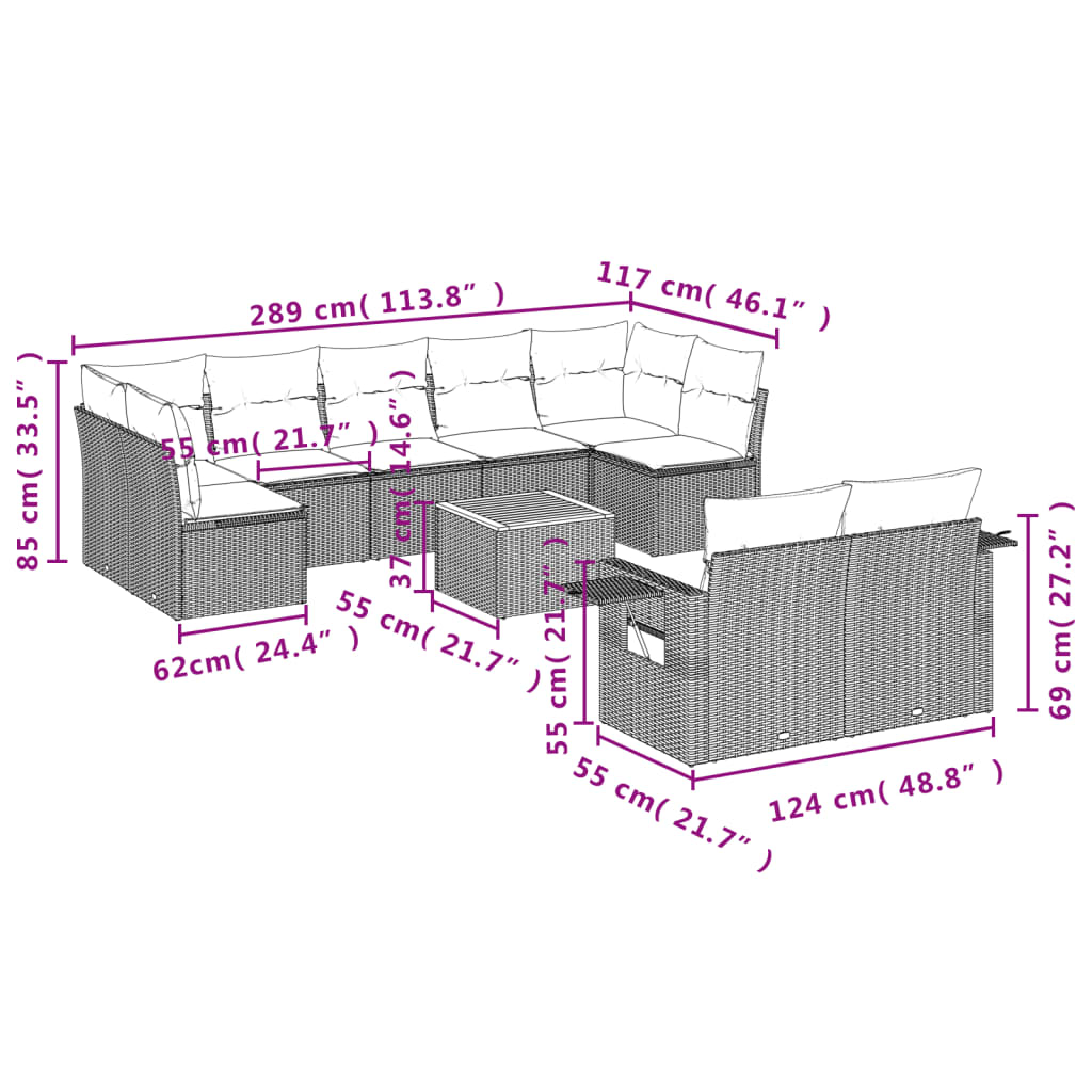 Garden sofas game with beige cushions 10 pcs synthetic ratt