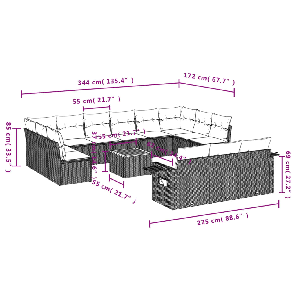 Sofás de jardim Conjunto de 14 PCs com almofadas de vime sintético preto