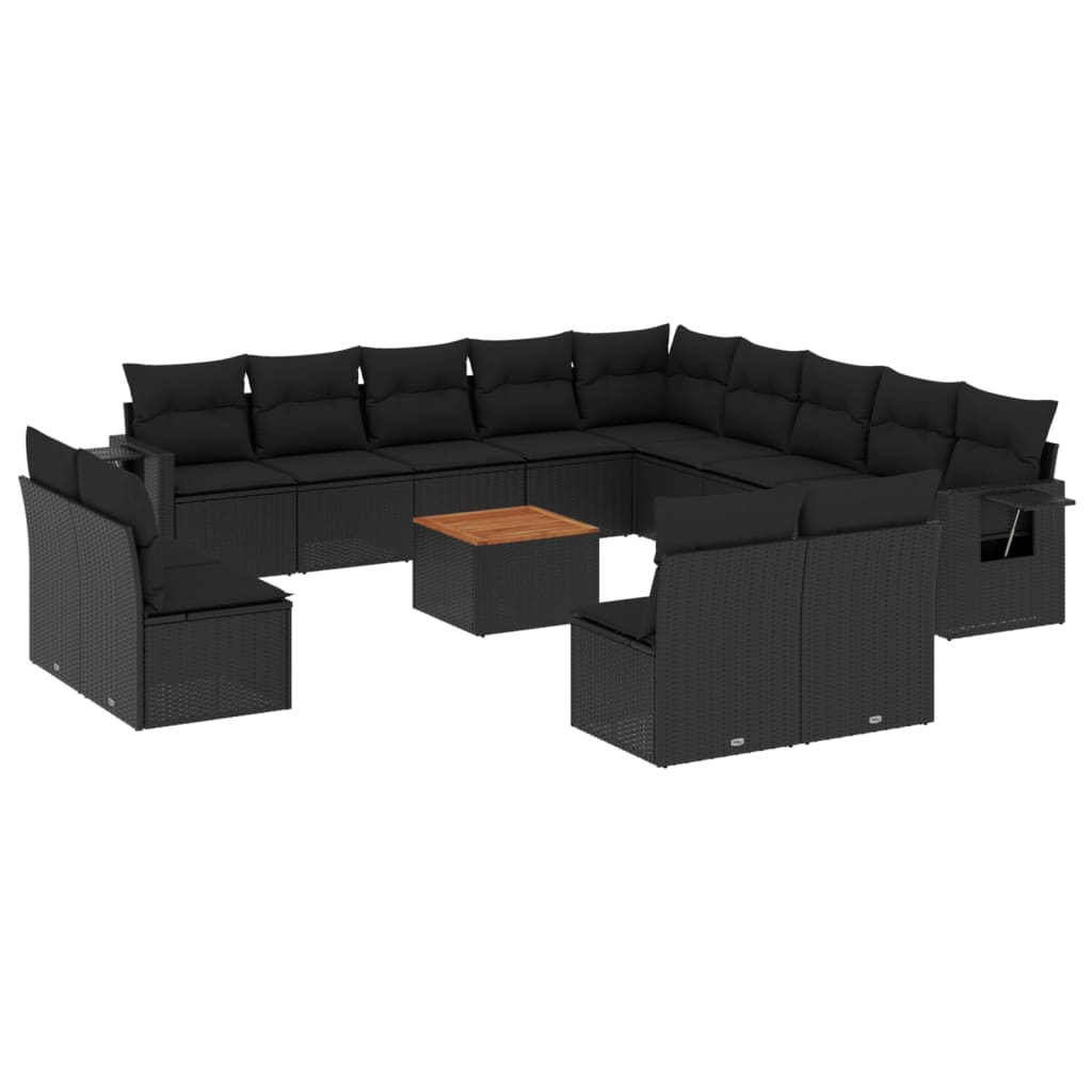 Sofás de jardim Conjunto de 14 PCs com almofadas de vime sintético preto