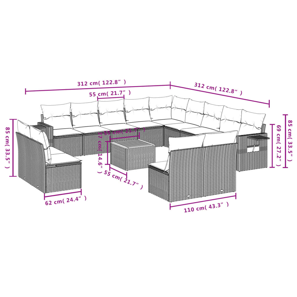 Sofás de jardim Conjunto de 14 PCs com almofadas de vime sintético preto