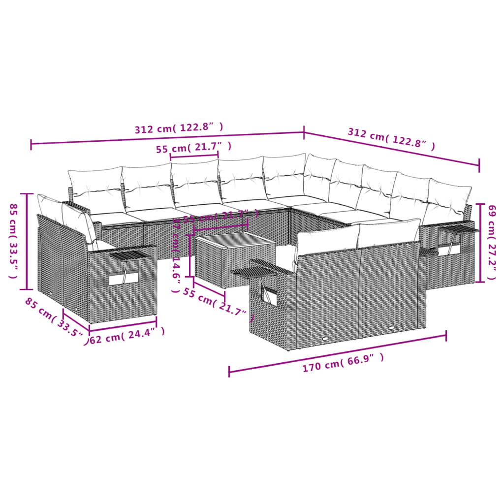 Sofás de jardim Conjunto de 14 PCs com almofadas de vime sintético preto