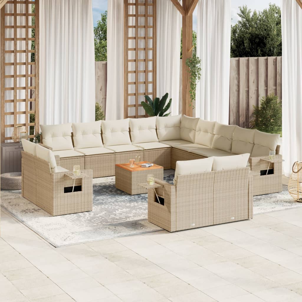 Set sofás de jardín 14 pzas con cojines ratán sintético beige