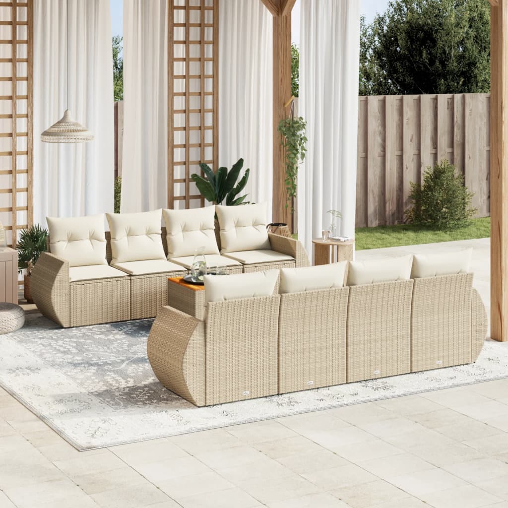 Vetonek Set de sofás de jardín 9 pzas con cojines ratán sintético beige