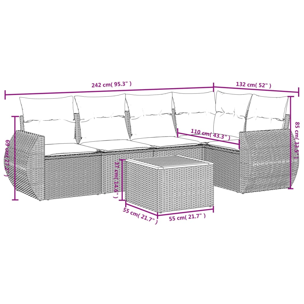 Garden Sofas Set 6 pieces and black synthetic rattan cushions