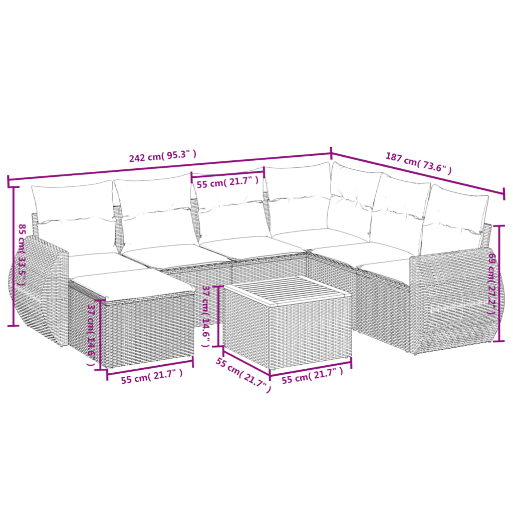 Gartensofas Set 8 Stücke und schwarze synthetische Rattankissen